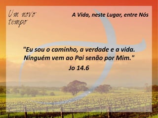A Vida, neste Lugar, entre Nós




"Eu sou o caminho, a verdade e a vida.
Ninguém vem ao Pai senão por Mim."
               Jo 14.6
 