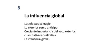 8
La influencia global
Los efectos contagio.
Lo exterior como anticipo.
Creciente importancia del voto exterior:
cuantitativa y cualitativa.
La influencia global.
 