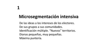 1
Microsegmentación intensiva
De las ideas a los intereses de los electores.
De sus grupos a sus comunidades.
Identificación múltiple. “Nuevos” territorios.
Dianas pequeñas, muy pequeñas.
Máxima puntería.
 