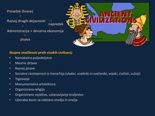 Presežek (hrane) 
Razvoj drugih dejavnosti 
napredek 
Administracija + denarna ekonomija 
pisava 
Skupne značilnosti prvih visokih civilizacij: 
• Namakalno poljedeljstvo 
• Mestne države 
• Razvoj pisave 
• Socialna razslojenost in hierarhija (vladar, uradniki in svečeniki, vojaki, civilisti, sužnji) 
• Trgovanje 
• Monumentalna arhitektura 
• Organizirana religija 
• Organizirano vojaštvo, ustanavljanje kraljestev 
• Uporaba kovin za izdelavo orodja in orožja 
 