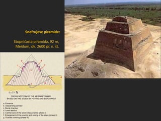 Snefrujeve piramide:
Stopničasta piramida, 92 m,
Meidum, ok. 2600 pr. n. št.
 