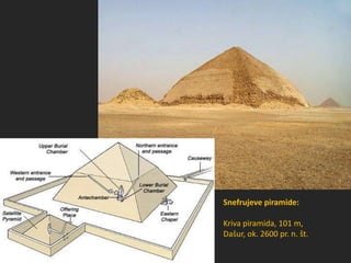 Snefrujeve piramide:
Kriva piramida, 101 m,
Dašur, ok. 2600 pr. n. št.
 