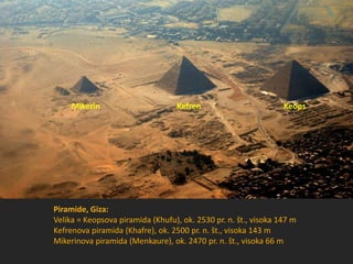 Piramide, Giza:
Velika = Keopsova piramida (Khufu), ok. 2530 pr. n. št., visoka 147 m
Kefrenova piramida (Khafre), ok. 2500 pr. n. št., visoka 143 m
Mikerinova piramida (Menkaure), ok. 2470 pr. n. št., visoka 66 m
Mikerin Kefren Keops
 