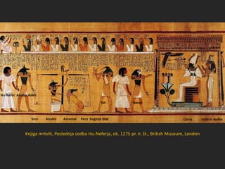 Knjiga mrtvih, Poslednja sodba Hu-Neferja, ok. 1275 pr. n. št., British Museum, London
Hu-Nefer Anubis Ankh
Srce Anubis Amamat Pero boginje Mat
Tot Horus
Oziris Izida in Neftis
 