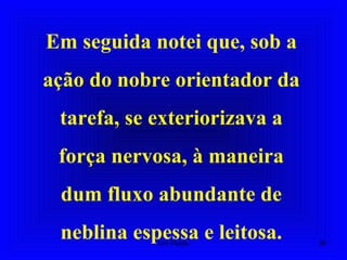 Em seguida notei que, sob a
ação do nobre orientador da
tarefa, se exteriorizava a
força nervosa, à maneira
dum fluxo abundante de
neblina espessa e leitosa. 30Um Fluido
 
