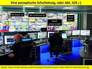 Panoptismus (Foucault, 20.Jhdt.)
Panoptikum, Jeremy Bentham (19. Jhdt.)
Die brave 1A Die schlimme 4E
Alert!
Lehrer brüllt!
Klasse
allein!
Quelle: http://invidis.de/wp-content/uploads/2014/07/eyevis-Video-Wall-im-Kontrollraum.jpg
Eine panoptische Schulleitung, oder Abt. II/8 ;-)
 