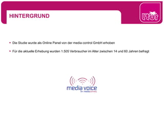 HINTERGRUND
 Die Studie wurde als Online Panel von der media control GmbH erhoben
 Für die aktuelle Erhebung wurden 1.505 Verbraucher im Alter zwischen 14 und 60 Jahren befragt
 