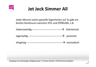 Jet	
  Jeck	
  Simmer	
  All	
  

       Jeder	
  Mensch	
  weist	
  spezielle	
  Eigenheiten	
  auf.	
  Es	
  gibt	
  ein	
  
       breites	
  KonWnuum	
  zwischen	
  STIL	
  und	
  STÖRUNG,	
  z.B.	
  

       Iiebenswürdig	
  -­‐-­‐-­‐-­‐-­‐-­‐-­‐-­‐-­‐-­‐-­‐-­‐-­‐-­‐-­‐-­‐-­‐-­‐-­‐-­‐-­‐-­‐-­‐-­‐-­‐-­‐-­‐-­‐-­‐-­‐-­‐-­‐-­‐-­‐-­‐	
  	
  	
  histrionisch	
  

       eigenwillig	
  -­‐-­‐-­‐-­‐-­‐-­‐-­‐-­‐-­‐-­‐-­‐-­‐-­‐-­‐-­‐-­‐-­‐-­‐-­‐-­‐-­‐-­‐-­‐-­‐-­‐-­‐-­‐-­‐-­‐-­‐-­‐-­‐-­‐-­‐-­‐-­‐-­‐-­‐-­‐-­‐	
  	
  	
  paranoid	
  

       ehrgeizig	
  -­‐-­‐-­‐-­‐-­‐-­‐-­‐-­‐-­‐-­‐-­‐-­‐-­‐-­‐-­‐-­‐-­‐-­‐-­‐-­‐-­‐-­‐-­‐-­‐-­‐-­‐-­‐-­‐-­‐-­‐-­‐-­‐-­‐-­‐-­‐-­‐-­‐-­‐-­‐-­‐-­‐-­‐-­‐	
  	
  narzissWsch	
  




Umgang mit schwierigen Zeitgenossen // Franca Cerutti // WJH-Kommunikation
 