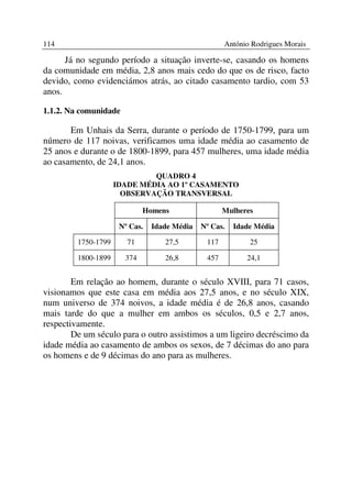 114                                                  António Rodrigues Morais

      Já no segundo período a situação inverte-se, casando os homens
da comunidade em média, 2,8 anos mais cedo do que os de risco, facto
devido, como evidenciámos atrás, ao citado casamento tardio, com 53
anos.

1.1.2. Na comunidade

       Em Unhais da Serra, durante o período de 1750-1799, para um
número de 117 noivas, verificamos uma idade média ao casamento de
25 anos e durante o de 1800-1899, para 457 mulheres, uma idade média
ao casamento, de 24,1 anos.
                              QUADRO 4
                     IDADE MÉDIA AO 1º CASAMENTO
                       OBSERVAÇÃO TRANSVERSAL

                             Homens                  Mulheres

                      Nº Cas.   Idade Média   Nº Cas.   Idade Média

         1750-1799      71         27,5        117          25

         1800-1899     374         26,8        457         24,1


        Em relação ao homem, durante o século XVIII, para 71 casos,
visionamos que este casa em média aos 27,5 anos, e no século XIX,
num universo de 374 noivos, a idade média é de 26,8 anos, casando
mais tarde do que a mulher em ambos os séculos, 0,5 e 2,7 anos,
respectivamente.
        De um século para o outro assistimos a um ligeiro decréscimo da
idade média ao casamento de ambos os sexos, de 7 décimas do ano para
os homens e de 9 décimas do ano para as mulheres.
 