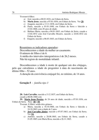 78                                                   António Rodrigues Morais
        Tiveram 6 filhos:
            a) José, nascido a 08.03.1834, em Unhais da Serra.
            b) Maria Jesus, nascida a 07.01.1836, em Unhais da Serra. Ver 29.
            c) Joaquim, nascido a 13.11.1838, em Unhais da Serra.
            d) Paulo, nascido a 01.01.1840, em Unhais da Serra e falecido a
                23.02.1868, com 28 anos de idade.
            e) Bárbara Maria, nascida a 04.01.1843, em Unhais da Serra, casada a
                13.02.1872 com José Carvalho Bizarro, nascido a 24.04.1832 em
                Unhais da Serra.
            f) Joaquim, nascido a 06.03.1845, em Unhais da Serra.



       Resumimos os indicadores apurados:
       Desconhecemos a idade da mulher ao casamento.
       O número de filhos é de 6.
       A média dos intervalos intergenésicos é de 26,2 meses.
       Não há registo de mortalidade infantil.

       Desconhecemos a idade à morte de qualquer um dos cônjuges,
pelo que calculámos a idade do progenitor à data do nascimento do
último filho – 52 anos.
       A duração da convivência conjugal foi, no mínimo, de 14 anos.


       Geração 5 - família tipo 3



        28: Luís Carvalho, nascido a 5.12.1837, em Unhais da Serra,
        casado a 06.06.1860 com
        29: Maria Jesus Pereira, de 24 anos de idade, nascida a 07.01.1836, em
Unhais da Serra. Pais: 58 e 59.
        Tiveram 8 filhos, sendo dois gémeos.
            a) Maria, nascida a 18.10.1860, em Unhais da Serra e falecida a
                 18.10.1862 com a idade de 2 anos.
            b) José Carvalho Júnior, nascido a 07.07.1863, em Unhais da Serra.
                 Ver 14.
            c) António, nascido a 28.08.1865, em Unhais da Serra, casado a
                 21.05.1885 com Maria Rosa, nascida a 26.11.1865.
 