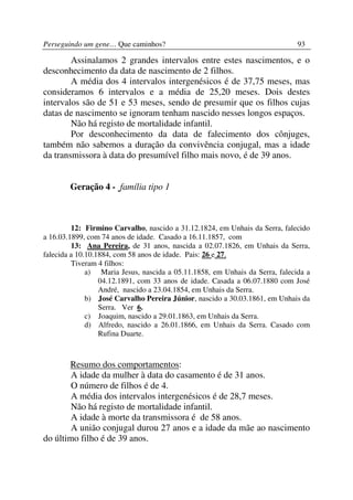 Perseguindo um gene… Que caminhos?                                            93

        Assinalamos 2 grandes intervalos entre estes nascimentos, e o
desconhecimento da data de nascimento de 2 filhos.
        A média dos 4 intervalos intergenésicos é de 37,75 meses, mas
consideramos 6 intervalos e a média de 25,20 meses. Dois destes
intervalos são de 51 e 53 meses, sendo de presumir que os filhos cujas
datas de nascimento se ignoram tenham nascido nesses longos espaços.
        Não há registo de mortalidade infantil.
        Por desconhecimento da data de falecimento dos cônjuges,
também não sabemos a duração da convivência conjugal, mas a idade
da transmissora à data do presumível filho mais novo, é de 39 anos.


        Geração 4 - família tipo 1



         12: Firmino Carvalho, nascido a 31.12.1824, em Unhais da Serra, falecido
a 16.03.1899, com 74 anos de idade. Casado a 16.11.1857, com
         13: Ana Pereira, de 31 anos, nascida a 02.07.1826, em Unhais da Serra,
falecida a 10.10.1884, com 58 anos de idade. Pais: 26 e 27.
         Tiveram 4 filhos:
              a) Maria Jesus, nascida a 05.11.1858, em Unhais da Serra, falecida a
                  04.12.1891, com 33 anos de idade. Casada a 06.07.1880 com José
                  André, nascido a 23.04.1854, em Unhais da Serra.
              b) José Carvalho Pereira Júnior, nascido a 30.03.1861, em Unhais da
                  Serra. Ver 6.
              c) Joaquim, nascido a 29.01.1863, em Unhais da Serra.
              d) Alfredo, nascido a 26.01.1866, em Unhais da Serra. Casado com
                  Rufina Duarte.



       Resumo dos comportamentos:
        A idade da mulher à data do casamento é de 31 anos.
        O número de filhos é de 4.
        A média dos intervalos intergenésicos é de 28,7 meses.
        Não há registo de mortalidade infantil.
        A idade à morte da transmissora é de 58 anos.
        A união conjugal durou 27 anos e a idade da mãe ao nascimento
do último filho é de 39 anos.
 
