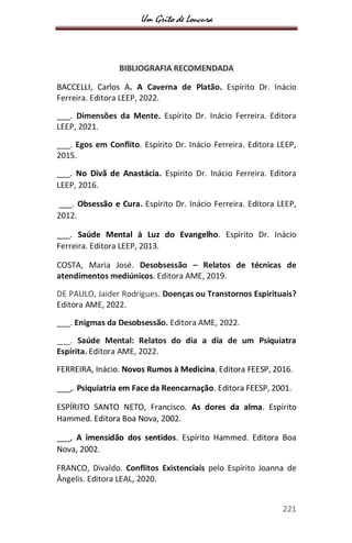 Um Grito de Loucura
221
BIBLIOGRAFIA RECOMENDADA
BACCELLI, Carlos A. A Caverna de Platão. Espírito Dr. Inácio
Ferreira. Editora LEEP, 2022.
___. Dimensões da Mente. Espírito Dr. Inácio Ferreira. Editora
LEEP, 2021.
___. Egos em Conflito. Espírito Dr. Inácio Ferreira. Editora LEEP,
2015.
___. No Divã de Anastácia. Espírito Dr. Inácio Ferreira. Editora
LEEP, 2016.
___. Obsessão e Cura. Espírito Dr. Inácio Ferreira. Editora LEEP,
2012.
___. Saúde Mental à Luz do Evangelho. Espírito Dr. Inácio
Ferreira. Editora LEEP, 2013.
COSTA, Maria José. Desobsessão – Relatos de técnicas de
atendimentos mediúnicos. Editora AME, 2019.
DE PAULO, Jaider Rodrigues. Doenças ou Transtornos Espirituais?
Editora AME, 2022.
___. Enigmas da Desobsessão. Editora AME, 2022.
___. Saúde Mental: Relatos do dia a dia de um Psiquiatra
Espírita. Editora AME, 2022.
FERREIRA, Inácio. Novos Rumos à Medicina. Editora FEESP, 2016.
___,. Psiquiatria em Face da Reencarnação. Editora FEESP, 2001.
ESPÍRITO SANTO NETO, Francisco. As dores da alma. Espírito
Hammed. Editora Boa Nova, 2002.
___, A imensidão dos sentidos. Espírito Hammed. Editora Boa
Nova, 2002.
FRANCO, Divaldo. Conflitos Existenciais pelo Espírito Joanna de
Ângelis. Editora LEAL, 2020.
 