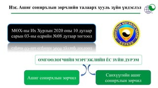 Нэг. Ашиг сонирхлын зөрчлийн талаарх хууль зүйн үндэслэл
МӨХ-ны Их Хурлын 2020 оны 10 дугаар
сарын 03-ны өдрийн №08 дугаар тогтоол
ӨМГӨӨЛӨГЧИЙН МЭРГЭЖЛИЙН ЁС ЗҮЙН ДҮРЭМ
Ашиг сонирхлын зөрчил
Санхүүгийн ашиг
сонирхлын зөрчил
 