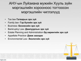 АНУ-ын Луйзиана мужийн Хууль зүйн
мэргэшлийн хорооноос тогтоосон
мэргэшлийн чиглэлүүд
• Tax law-Татварын эрх зүй
• Family law- Гэр бүлийн эрх зүй
• Business- Бизнесийн эрх зүй
• Bankruptcy Law- Дампуурлын эрх зүй
• Estate Planning and Administration-Эд хөрөнгийн эрх зүй
• Appellate Practice- Давж заалдах
• Environmental Law- Экологийн эрх зүй
 