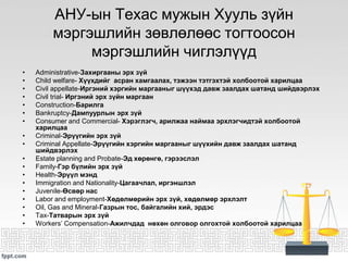 АНУ-ын Техас мужын Хууль зүйн
мэргэшлийн зөвлөлөөс тогтоосон
мэргэшлийн чиглэлүүд
• Administrative-Захиргааны эрх зүй
• Child welfare- Хүүхдийг асран хамгаалах, тэжээн тэтгэхтэй холбоотой харилцаа
• Civil appellate-Иргэний хэргийн маргааныг шүүхэд давж заалдах шатанд шийдвэрлэх
• Civil trial- Иргэний эрх зүйн маргаан
• Construction-Барилга
• Bankruptcy-Дампуурлын эрх зүй
• Consumer and Commercial- Хэрэглэгч, арилжаа наймаа эрхлэгчидтэй холбоотой
харилцаа
• Criminal-Эрүүгийн эрх зүй
• Criminal Appellate-Эрүүгийн хэргийн маргааныг шүүхийн давж заалдах шатанд
шийдвэрлэх
• Estate planning and Probate-Эд хөрөнгө, гэрээслэл
• Family-Гэр бүлийн эрх зүй
• Health-Эрүүл мэнд
• Immigration and Nationality-Цагаачлал, иргэншлэл
• Juvenile-Өсвөр нас
• Labor and employment-Хөдөлмөрийн эрх зүй, хөдөлмөр эрхлэлт
• Oil, Gas and Mineral-Газрын тос, байгалийн хий, эрдэс
• Tax-Татварын эрх зүй
• Workers’ Compensation-Ажилчдад нөхөн олговор олгохтой холбоотой харилцаа
 