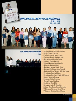 EL CENTRO 1416
• Alba Rodríguez Xochitl Eréndira
• Alcalá Gómez Patricia
• Cardona Salcedo María Elena
• Coronado Ruvalcaba Jorge Luis
• García Cumplido Julia Estela
• Enríquez Castro Leticia
• Esquivel Domínguez Maricela
• Gallardo Godínez Marta
• González Navarro Maria Elena
• González Rodríguez Irma Yolanda
• Gutiérrez López Teresita del Niño Jesús
• Hernández Barrera Liliana
• Hernández Gutiérrez María del Rosario
• Linares Ramírez Ignacia
• Mendoza Girón Francisco
• Ortega Orozco Enedina
• Partida del Toro Elvia
• Rodríguez Arévalo Angelina
• Salazar Castellanos Gema Berenice
• Valderrama Cárdenas Rosa Alicia
• Villafuerte Grajeda Víctor Manuel
El Centro de Maestros se engalanó el 7 de septiembre del
año en curso con la presencia de los maestros que re-
cibieron el DIPLOMA AL MERITO ACADÉMICO en-
viado por la Subsecretaría de Educación de la SEP a todos
aquellos docente que se distinguieron por haber obtenido
un promedios superiores en los Exámenes Nacionales para
la Actualización de los Maestros en Servicio (ENAMS), de
la XV etapa correspondiente al ciclo escolar 2005-2006.
¡Felicidades! Esperamos que en la próxima premiación
sean más los maestros distinguidos con este diploma.
 
