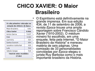 CHICO XAVIER: O Maior
Brasileiro
• O Espiritismo está definitivamente na
grande imprensa. Em sua edição
434, de 11 de setembro de 2006, a
revista Época trouxe uma ampla
reportagem sobre Francisco Cândido
Xavier (1910-2002). O médium
mineiro foi escolhido, em uma
enquete, feita pela Internet, "O Maior
Brasileiro da História" e mereceu
matéria de seis páginas. Uma
comissão de 33 personalidades
convidadas por Época elegeu o
jurista Ruy Barbosa como o mais
importante brasileiro da História.
 
