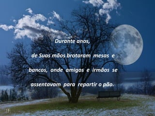 Durante anos,
de Suas mãos brotaram mesas e
bancos, onde amigos e irmãos se
assentavam para repartir o pão.
 