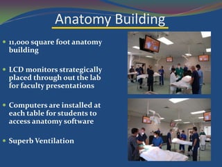 Anatomy Building
 11,000 square foot anatomy
 building

 LCD monitors strategically
 placed through out the lab
 for faculty presentations

 Computers are installed at
 each table for students to
 access anatomy software

 Superb Ventilation
 