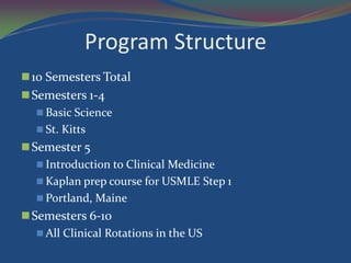 Program Structure
 10 Semesters Total
 Semesters 1-4
    Basic Science
    St. Kitts
 Semester 5
    Introduction to Clinical Medicine
    Kaplan prep course for USMLE Step 1
    Portland, Maine
 Semesters 6-10
    All Clinical Rotations in the US
 