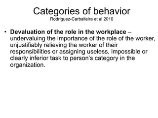 Categories of behavior
Rodriguez-Carballeira et al 2010
•  Devaluation of the role in the workplace –
undervaluing the imp...