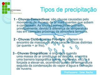 Tipos de precipitação1 - Chuvas Convectivas: são chuvas causadas pelo movimento de massas de ar mais quentes que sobem e condensam. As chuvas convectivas ocorrem principalmente, devido à diferença de temperatura nas em camadas próximas da atmosfera terrestre.2 - Chuvas Ciclônicas ou Frontais: ocorrem no encontro de massas de ar de características distintas (ar quente + ar frio).3 - Chuvas Orográficas: é originada quando uma massa de ar úmido que se desloca, encontra uma barreira topográfica (serra, montanha, etc), e é forçada a elevar-se, ocorrendo queda de temperatura seguida da condensação do vapor d’água e formação de nuvens.Professora: Ione Rocha