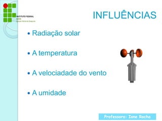 INFLUÊNCIASRadiação solarA temperaturaA velociadade do vento A umidadeProfessora: Ione Rocha