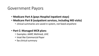 Government Payors
• Medicare Part A (pays Hospital inpatient stays)
• Medicare Part B (outpatient services, including MD visits)
• clinical summaries are saved in system, not faxed anywhere
• Part C: Managed MCR plans
• Examples: AARP, Wellmed, UHC
• treat like Commercial Payor
• fax clinical summary
 