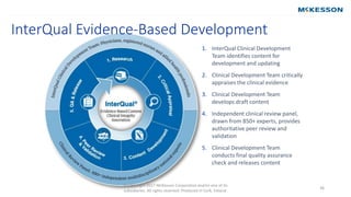 InterQual Evidence-Based Development
© Copyright 2017 McKesson Corporation and/or one of its
subsidiaries. All rights reserved. Produced in Cork, Ireland.
36
1. InterQual Clinical Development
Team identifies content for
development and updating
2. Clinical Development Team critically
appraises the clinical evidence
3. Clinical Development Team
develops draft content
4. Independent clinical review panel,
drawn from 850+ experts, provides
authoritative peer review and
validation
5. Clinical Development Team
conducts final quality assurance
check and releases content
 