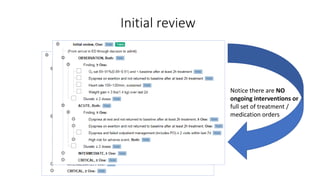 Initial review
Notice there are NO
ongoing interventions or
full set of treatment /
medication orders
 