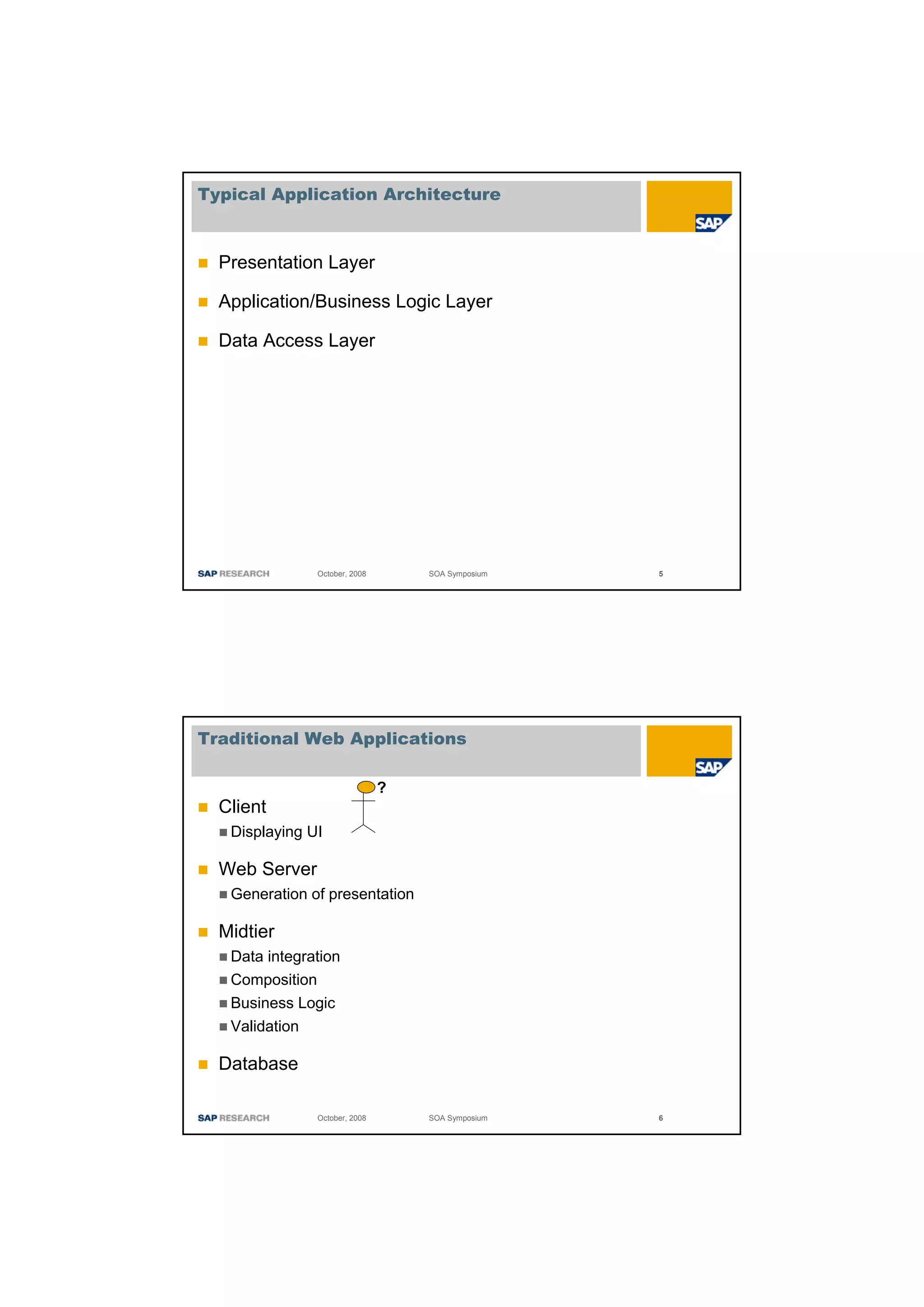 Typical Application Architecture



  Presentation Layer

  Application/Business Logic Layer

  Data Access Layer




               October, 2008       SOA Symposium   5




Traditional Web Applications

                               ?
  Client
   Displaying UI

  Web Server
   Generation of presentation

  Midtier
   Data integration
   Composition
   Business Logic
   Validation

  Database

               October, 2008       SOA Symposium   6
 