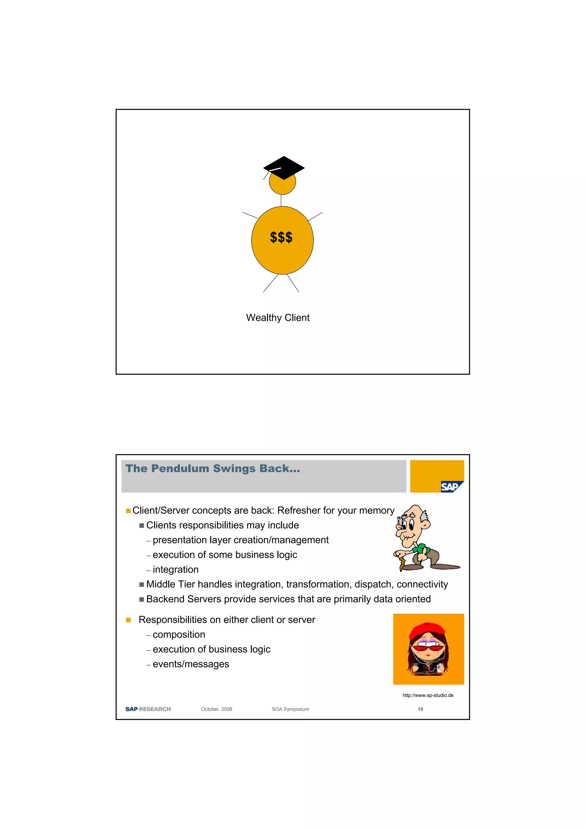 $$$




                                 Wealthy Client




The Pendulum Swings Back…


 Client/Server concepts are back: Refresher for your memory
    Clients responsibilities may include
    – presentation layer creation/management
    – execution of some business logic
    – integration
    Middle Tier handles integration, transformation, dispatch, connectivity
    Backend Servers provide services that are primarily data oriented

  Responsibilities on either client or server
   – composition
   – execution of business logic
   – events/messages


                                                                http://www.sp-studio.de

                 October, 2008        SOA Symposium                   10
 