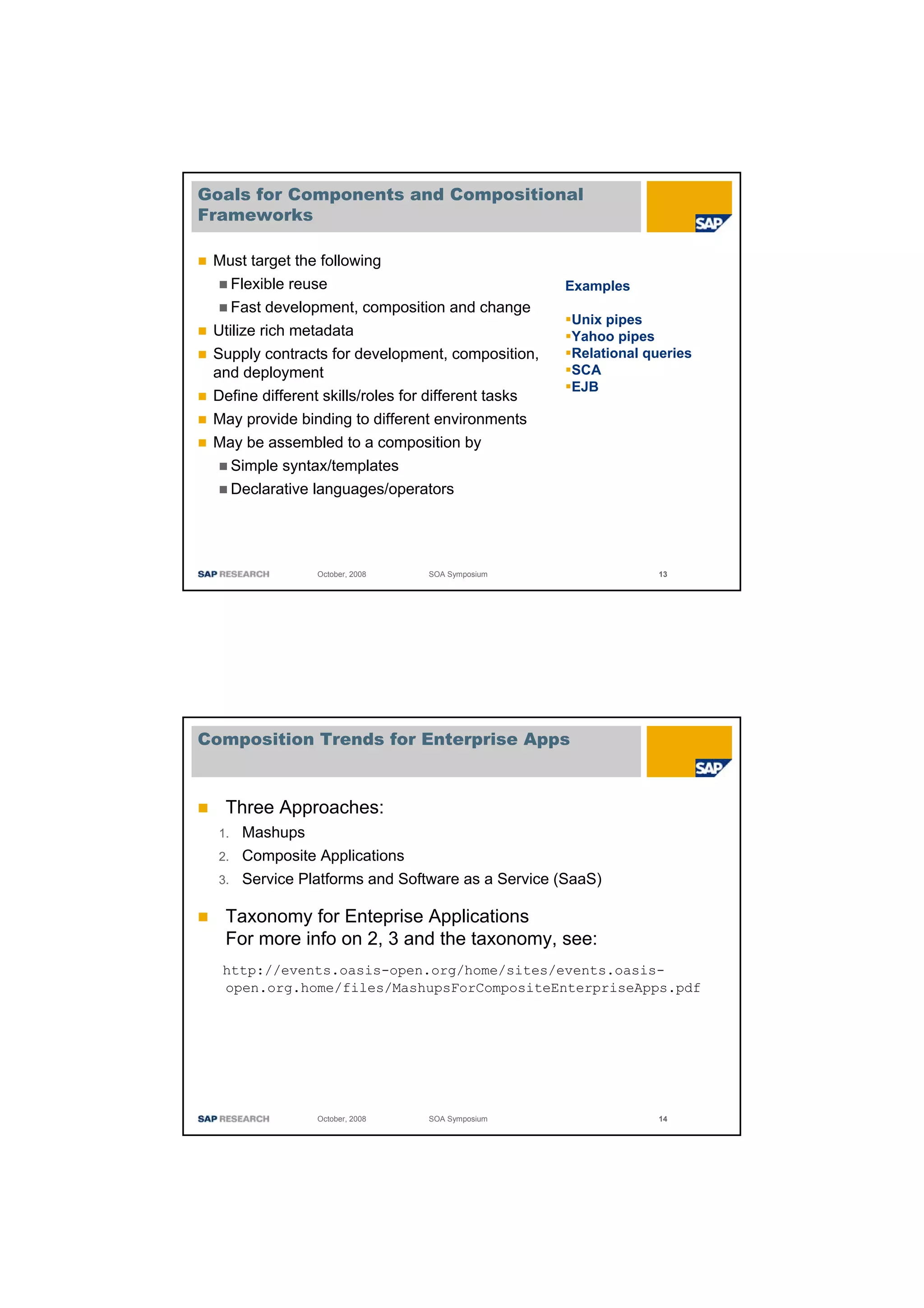 Goals for Components and Compositional
Frameworks

 Must target the following
    Flexible reuse                                   Examples
    Fast development, composition and change
                                                     Unix pipes
 Utilize rich metadata                               Yahoo pipes
 Supply contracts for development, composition,      Relational queries
 and deployment                                      SCA
                                                     EJB
 Define different skills/roles for different tasks
 May provide binding to different environments
 May be assembled to a composition by
    Simple syntax/templates
    Declarative languages/operators




                 October, 2008   SOA Symposium                    13




Composition Trends for Enterprise Apps



   Three Approaches:
  1.   Mashups
  2.   Composite Applications
  3.   Service Platforms and Software as a Service (SaaS)

   Taxonomy for Enteprise Applications
   For more info on 2, 3 and the taxonomy, see:
  http://events.oasis-open.org/home/sites/events.oasis-
  open.org.home/files/MashupsForCompositeEnterpriseApps.pdf




                 October, 2008   SOA Symposium                    14
 