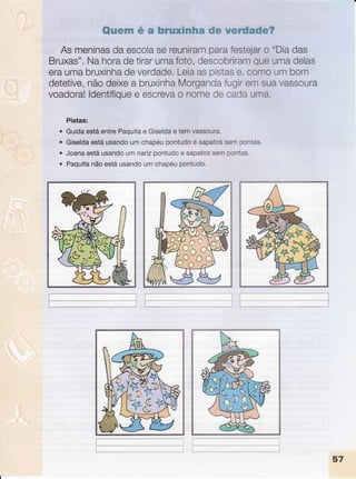 ffi*mmwsru
a&
mfurnawwswfum
ffiwwww'dmffiwff
Asmeninas
daescola
sereuniram
parafestejar
o "Diadas
Bruxas".
Nahoradetirarumafoto,descobriram
queumadelas
eraumabruxinha
deverdade.
Leia
aspistas
e,comoumbom
detetive,
nãodeixe
a bruxinha
Morganda
fugiremsuavasscura
voadora!
ldentifique
e escreva
o nomedecadauma.
Pistas:
Guida
estáentrePaquita
e Giselda
e temvassoura.
Giselda
estáusando
umchapéu
pontudo
e sapatos
sempontas.
Joanaestáusando
umnarizpontudo
e sapatos
sempontas.
Paquita
nãoestáusando
umchapéu
pontudo.
a
a
a
a
L__,_,--
'ÀrJ+1Y')
t*r-(9
'{"
a'l
JI
nl
.-'ì
{ÌtY
t
5 a
Õ,
I
Ì
L____^_____,
57
 