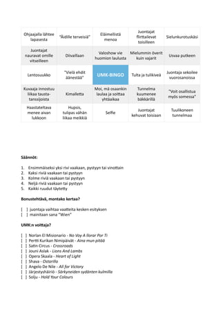 Säännöt:	
  
1. Ensimmäiseksi	
  yksi	
  rivi	
  vaakaan,	
  pystyyn	
  tai	
  vino4ain	
  
2. Kaksi	
  riviä	
  vaakaan	
  tai	
  pystyyn	
  
3. Kolme	
  riviä	
  vaakaan	
  tai	
  pystyyn	
  
4. Neljä	
  riviä	
  vaakaan	
  tai	
  pystyyn	
  
5. Kaikki	
  ruudut	
  täyte4y	
  
Bonustehtävä,	
  montako	
  kertaa?	
  
[	
  	
  	
  	
  ]	
  	
  juontaja	
  vaihtaa	
  vaa4eita	
  kesken	
  esityksen	
  
[	
  	
  	
  	
  ]	
  	
  mainitaan	
  sana	
  “Wien”	
  
UMK:n	
  voi9aja?	
  
[	
  	
  	
  ]	
  	
  Norlan	
  El	
  Misionario	
  -­‐	
  No	
  Voy	
  A	
  llorar	
  Por	
  Ti	
  
[	
  	
  	
  ]	
  	
  PerH	
  Kurikan	
  Nimipäivät	
  -­‐	
  Aina	
  mun	
  pitää	
  
[	
  	
  	
  ]	
  	
  SaJn	
  Circus	
  -­‐	
  Crossroads	
  
[	
  	
  	
  ]	
  	
  Jouni	
  Aslak	
  -­‐	
  Lions	
  And	
  Lambs	
  
[	
  	
  	
  ]	
  	
  Opera	
  Skaala	
  -­‐	
  Heart	
  of	
  Light	
  
[	
  	
  	
  ]	
  	
  Shava	
  -­‐	
  Ostarilla	
  
[	
  	
  	
  ]	
  	
  Angelo	
  De	
  Nile	
  -­‐	
  All	
  for	
  Victory	
  
[	
  	
  	
  ]	
  	
  Järjestyshäiriö	
  -­‐	
  Särkyneiden	
  sydänten	
  kulmilla	
  
[	
  	
  	
  ]	
  	
  Solju	
  -­‐	
  Hold	
  Your	
  Colours	
  
Ohjaajalla	
  lähtee	
  
lapasesta
“Äidille	
  terveisiä”
Eläimellistä	
  
menoa
Juontajat	
  
ﬂir4ailevat	
  
toisilleen
Sielunkurotuskäsi
Juontajat	
  
nauravat	
  omille	
  
vitseilleen
Diivaillaan
Valoshow	
  vie	
  
huomion	
  laulusta
Mielummin	
  överit	
  
kuin	
  vajarit
Usvaa	
  putkeen
Lentosuukko
"Vielä	
  ehdit	
  
äänestää"
 
UMK-­‐BINGO  Tulta	
  ja	
  tulikiveä
Juontaja	
  sekoilee	
  
vuorosanoissa
Kuvaaja	
  innostuu	
  
liikaa	
  tausta-­‐
tanssijoista
Kimalle4a
Moi,	
  mä	
  osaankin	
  
laulaa	
  ja	
  soi4aa	
  
yhtäaikaa
Tunnelma	
  
kuumenee	
  
bäkkärillä
"Voit	
  osallistua	
  
myös	
  somessa"
Haastateltava	
  
menee	
  aivan	
  
lukkoon
Hupsis,	
   
tulipas	
  vähän	
  
liikaa	
  meikkiä
Selﬁe
Juontajat	
   
kehuvat	
  toisiaan
Tuulikoneen	
  
tunnelmaa
 