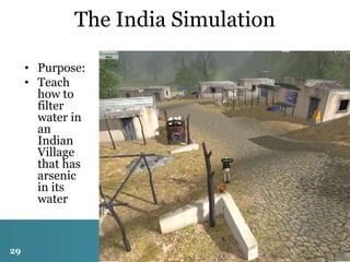 The India Simulation
• Purpose:
• Teach
how to
filter
water in
an
Indian
Village
that has
arsenic
in its
water

29

 