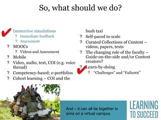 So, what should we do?
? Immersive simulations
? Immediate feedback
? Assessment

?
?

? MOOCs
? Videos and Assessment

?

? Mobile
? Video, audio, text, COI (e.g. voice
thread)
? Competency-based; e-portfolios
? Cohort learning – COI and the

42

?

bush taxi
Self-paced to scale
Curated Collections of Content –
videos, papers, texts
The changing role of the faculty –
Guide-on-the-side and/or Content
creators?
Learn-by-doing
? “Challenges” and “Failures”

And – it can all tie together in
sims on a virtual campus

 