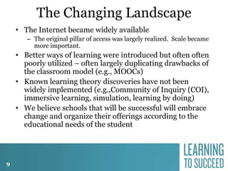 The Changing Landscape
• The Internet became widely available
– The original pillar of access was largely realized. Scale became
more important.

• Better ways of learning were introduced but often often
poorly utilized – often largely duplicating drawbacks of
the classroom model (e.g., MOOCs)
• Known learning theory discoveries have not been
widely implemented (e.g.,Community of Inquiry (COI),
immersive learning, simulation, learning by doing)
• We believe schools that will be successful will embrace
change and organize their offerings according to the
educational needs of the student

9

 