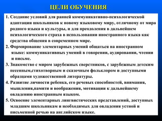 1. Создание условий для ранней коммуникативно-психологической адаптации школьников к новому языковому миру, отличному от мира родного   языка и культуры, и для преодоления в дальнейшем психологического   страха   в использовании иностранного языка как средства общения в   современном   мире. 2. Формирование элементарных умений общаться на иностранном языке:   коммуникативных умений в говорении, аудировании, чтении и письме. 3. Знакомство с миром зарубежных сверстников, с зарубежным детским песенным,стихотворным и сказочным фольклором и доступными образцами   художественной литературы . 4. Развитие личности ребенка, его речевых способностей, внимания, мышления,памяти и воображения, мотивации к дальнейшему овладению иностранным   языком. 5. Освоение элементарных лингвистических представлений, доступных младшим школьникам и необходимых для овладения устной и письменной   речью на английском языке. ЦЕЛИ  ОБУЧЕНИЯ 