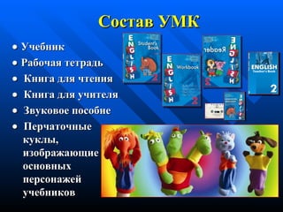 С остав  УМК      Учебник    Рабочая тетрадь     Книга для чтения     Книга для учителя     Звуковое   пособие     Перчаточные   куклы,   изображающие  основных персонажей учебников 