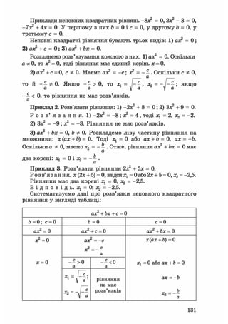 Приклади неповних квадратних рівнянь -8Л2 = 0, 2х? - 3 = 0,
-7х? + 4х = 0. У першому з них 6 = 0 і с = 0, у другому Ь = 0, у
третьому с = 0.
Неповні квадратні рівняння бувають трьох видів: 1) ах2 = 0;
2) а*2 + с = 0; 3) + Ьх = 0.
Розглянемо розв'язування кожного з них. 1)ая? = 0. Оскільки
а Ф 0, то я2 = 0, тоді рівняння має єдиний корінь х = 0.
2) але2 + с = 0, с Ф 0. Маємо аіс2 = - с ; з? = - -. Оскільки с Ф 0,
а
то й --Ф 0. Якщо - - > 0 , то х, = / - - , Хо = - - - ; якщо
а а X а  а
- - < 0, то рівняння не має розв'язків.
а
Приклад 2. Розв'язати рівняння: 1) -2Л2 + 8 = 0; 2) Зле2 + 9 = 0.
Р о з в' я з а н н я. 1) -2х? = - 8 ; х2 = 4, тоді осу = 2, д^ = -2.
2) Зх2 = - 9 ; ж2 = -3. Рівняння не має розв'язків.
3) аж2 + Ьх = 0, Ь Ф 0. Розкладемо ліву частину рівняння на
множники: х (ах + Ь) = 0. Тоді Ху = 0 або ах + Ь = 0, ах = -Ь.
Оскільки а Ф 0, маємо = - - . Отже, рівняння аж2 + Ьх = 0 має
два корені: Ху = 0 і х^ = - - .
Приклад 3. Розв'язати рівняння 2л2 + 5ж = 0.
Розв'язання х(2х + 5) = 0,звідсил^ = 0або2х + 5 = 0,л^ = -2,5.
Рівняння має два корені Ху = 0, = -2,5.
В і д п о в і д ь . ^ = 0 ; ^ = -2,5.
Систематизуємо дані про розв'язки неповного квадратного
рівняння у вигляді таблиці:
ах2 + Ьх + с = 0
& =0; с =0 & =0 с = 0
ах2 =0 ах2 + с = 0 ах2 + Ьх = 0
*»=0
х = 0
ах2 = -с
а
х(ах + Ь) = 0
Xj = 0 або ах + & = 0
ах = -&
а
*»=0
х = 0
а а
х(ах + Ь) = 0
Xj = 0 або ах + & = 0
ах = -&
а
*»=0
х = 0
г - Г"^-Х1 — л '
 а
V а
рівняння
не має
розв'язків
х(ах + Ь) = 0
Xj = 0 або ах + & = 0
ах = -&
а
131
 