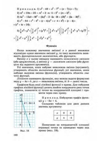 П р и к л а д и. 1) х2 - 49 = о? - 72 = (х - 7) (х + 7);
2) т2 + 10т + 25 = т2 + 2 • т • 5 + 52 = (т + Sf;
3) 4а2 - 12аЬ + 9&2 = (2а)2 - 2 • 2а • ЗЬ + (ЗЬ)2 = (2а-ЗЬ)2;
4) с3 - 64 = с3 - 43 = (с - 4) (с2 + с • 4 + 42) = ( с - 4 ) х
х(с2 +4с +16);
l ^ j - I ^ V + O f V
Функція
Якщо кожному значенню змінної х з деякої множини
відповідає єдине значення змінної у, то таку залежність нази-
вають функціональною залежністю, або функцією.
Змінну х у цьому випадку називають незалежною змінною
(або аргументом), а змінну у — залежною змінною (або функ-
цією від заданого аргументу).
Усі значення, яких набуває незалежна змінна (аргумент),
утворюють область визначення функції', усі значення, яких
набуває залежна змінна (функція), утворюють область зна-
чень функції.
Лінійною називають функцію, яку можна задати формулою
виду у = kx + Ь, де х — незалежна змінна, kib — деякі числа.
Графіком будь-якої лінійної функції є пряма. Для побудови
графіка лінійної функції досить знайти координати двох точок
графіка, позначити ці точки на координатній площині і про-
вести через них пряму.
У'і

її11
/= -Зх+4

V
о  { X

У
к 
У
П р и к л а д . Побудуємо графік функ-
ції у = -Зх + 4.
Складемо таблицю для двох деяких
значень аргументу:
X 0 3
У 4 -5
Мал. 18
Позначимо на координатній площині
отримані точки та проведемо через них
пряму (мал. 18).
190
 