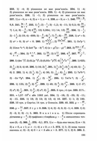 233. 1) -4; 2) рівняння не має розв'язків. 234. 1) -4
2) рівняння не має розв'язків. 235. 1) -4; 2) рівняння не має
розв'язків. 236. 1) -1; 2) рівняння не має розв'язків
237. 1) а = 0; а = 4; 2) а = 1; а = 4. 238. а = 3; а = 1. 240.1 0 ( * ~ *
9,8. 2 4 1 . ^ ^ . 2 5 5 . 1 ) ^ ; 2 ) - ^ ; 3 ) -1,5; 4) -11; 5) 0,5; 6 ) - ^
2а+Ь 3 4 192
7) 1,4; 8) — —; 9) 2 —; 10) 0,064; 11) 14; 12) - ^ . 2 5 6 . 1) - і
64 64 125 4
2) - 1 - ; 3) 19; 4) -699; 5) - А ; 6) ; 7) А ; 8) - . 258. 1) а" > 0
З 50 8 16 216
2) а" > 0; 3) а" < 0. 260. 1) 2) 2 6 1 З х 2 р -!
сх р а
2) 15тп~2с~3; 3) 2хЬ 5(а - Ь) 2; 4) (х + у)7(х - у) г. 263. 3 ) { т п + 1)2
4) _ ; 264. 2) 265. 1) 2) 5±і. 266. 4^. 267.
Ь - а ху 49 49 5 ж
/
288.1) (4т1 )3 ; 2) (0,1р"4)2; 3) (0,05с"У)2; 4) - c V 5 .289.1) 625
V2 )
2) А ; 3) 3; 4) 49. 290. 1) 16; 2) 1.291. 1) ї ; 2) ї ; 3) ї ; 4) 49; 5)
10 4 3 8 5 6
6) 2. 292. 1) 4; 2) 1; 3) і ; 4) 36; 5) ; 6) А . 293. 1) 7а5Ь"2
9 7 100 25
2) -2х~18у3. 294. 1) - 4 ; 2) 295. 1) 7тп2п"2; 2) — 4
2& 5х Зс2
298. 1) 125; 2) ?; 3) ^ . 299. 1) 49; 2) ?; 3) . 300. 1) 2 • 5"
З Ь 4 у
2) х8; 3) А . зої. 1) А ; 2) х8; 3) А . 305. З грн.; 4 грн. 330. 31%
т. 4n b
331. ® 1,37 • 108 с або 1582 дні. 334. 1) -16; 2) -23; 3) -11
4) -15. 335. 1) 18; 2) 13; 3) 12; 4) 10. 337. 1) 1; 2) 180
338. 10 грн. у Сергія; 14 грн. у Олексія. 339. 48. 355. у = - —
X
356. у = —. 357. 2 < у < 8.358. 1) 4; 2) -3; 3; 3) -1; 4. 359. 1) 2
X
2) -2; 2; 3) -1; 5. 363. В к а з і в к а . 1) Після спрощень
о е
дістанемо у = - ; 2) графіком є гіпербола у = - - з «виколотою» точ-
х х
кою (3; -2). 366. —. 370. -0,1. 371.1)х — будь-яке число; 2) т < 0;
81
3) А Ф 0, А Ф 1; А Ф -1; 4) Х Ф 2; х Ф 5. 372. 1) 1; 2) нема таких
значень х; 3) -2; 4) 0 < х < 3 або х > 3. 377. 1) 1; 2) 0. 380. 2.
195
 