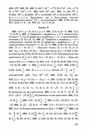450. asbs. 455. ЗО. 458. 1) х(з? + бх'1 + х
-6
); 2) х~х* +5х + ж"
4
);
3) a f V + 5JC3 + х~2). 4 6 3 . 6,35 • 104 км2 . 4 6 4 . 1) 3,6 Ю 3 с;
2) 8,64 • 104 с; 3) 2,592 • 106 с; 4) 3,1536 • 107 с; 5) 3,15576 • 109 с.
В к а з і в к а . Врахувати, що в будь-якому столітті
25 високосних років і 75 — не високосних. 468. 1) Ні; 2) так.
471. (2;2) і (-2; -2). 472. (3; -3) і (-3; 3).
Розділ II
483. 1) 0 < у < 9; 2) 0 < у < 4. 485. 1) 0; 4; 2) -2. 486. 1) 2;
-2; 2) 0; 2. 487. 1) Графіком є парабола у = х2 з «виколотою»
точкою (-1; 1); 2) графіком є парабола у = х2 з «виколотими»
точками (-2; 4) і (2; 4). 488. 1) Графіком є парабола у = х2 з
«виколотою» точкою (0; 0); 2) графіком є парабола у = х2 з
«виколотими» точками (-1; 1) і (1; 1). 509. 1) Ні; 2) так; 3) ні.
510. 1) х > 0; 2) х — будь-яке число; 3) х > 0; 4) х< 0.
511.1) у > 0; 2) у > 0; 3) у — будь-яке число; 4) у < 0.512.1) Не-
ма розв'язків; 2) 32; 3) 13; 4) 4,5. 513. 1) 12; 2) рівняння не має
розв'язків; 3) - ; 4) 1. 514. 1) а = 0; 2) а = -3; 3) а — будь-яке
8
число; 4) 0 < а < 3 або а > 3. 515.1) 5; -4; 2) 16; 3) 49. 516.1) 11;
-14; 2) 49. 520. -1. 532. 0,(1); 0,11; -А; о,01. 533. 0,02;
2 10 5
0,22; 0,(2); ±. 537. В к а з і в к а . Нехай д/2 = - , де - —
4 гага
нескоротний дріб. Тоді 2п2 = т2. 539. 6,25 см; 9 - дм.
9
542. 1)х = 3;у = 0;2)х = -2;у = -1. 557. 1) 25; 2) -ЗО; 3) 56;
4) 16,2; 5) ЗО; 6) 0. 558. 1) 49; 2) -84; 3) 44; 4) -2,1; 5) 40; 6) ^ .
65
5 5 9 . 1) 8; - 4 ; 2) - 1 ; - 5 ; 3) 1; 4) -З + ft; - 3 - f t ; 5)
9 З
6) рівняння не має розв'язків. 560. 1) 3; -5; 2) 7; -3; 3) -2;
4) 2 + ft; 2 - ft; 5) - ; - ; 6) рівняння не має розв'язків. 562. 1) 5;
5 5
-5; 2) -; - -. 563. 1) 8; -8; 2) і 564. 1) ft;-ft; 2) 2; -2; ft;
2 2 3 3
-ft. 565. 1) ft; - f t ; 2) 3; -3. 566. 1) Ъ = 0; 2) b > 4; 3) b > 0.
567.1) m > 0; 2) нема таких значень m;3)m< 0.568. ^ ^ . 569.1) 82x
2) 3) - . 590. 1) 15 — ; 2) 1^; 3) 12; 4) 0,13. 591. 1) 1 0 ^
5 5 32 3 45
2) 1 - ; 3) 35; 4) 0,7. 592. 1) 210; 2) 48; 3) 12,6; 4) 18; 5) 39
6
197
 