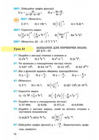 363©. Побудуйте графік функції:
1)У =
24
(х+3)-(х-3)
364®. Обчисліть:
1) З"4; 2) ( - 1 9 ) 1 ;
365®. Спростіть вираз:
2) у =
1) [ §а_1Ь 1
- 2
9 и-2
10
-1
6 * - 1 8
Зх-х2
3 ) 1
- 2
2)
4т п
5аV /
366®. Обчисліть: ((1 - (1 + г 1 ) 1 ) 1 ) - 4
4) (-0,2) 3.
8т~3п~2а5.
Урок 31 ЗАВДАННЯ ДЛЯ ПЕРЕВІРКИ ЗНАНЬ
ДО § 9 - 1 2
1®. Подайте у вигляді степеня з основою а:
1) a V 3 ; 2) a " V 4 ; 3) a5 :a- 7 ; 4) (a"2)3.
2®. Чи записано у стандартному вигляді число:
1) 0,37 • 105; 2) 2,4 • ІО-12; 3) 1,5 • 108; 4) 3,5 • 810 ?
З®. Які з функцій задають обернену пропорційність:
і )у = р
4®. Обчисліть:
2)y = |; з )У
6 ,
х'
4)y = - J ?
1)2-3; 2) (-5)1; 3 ) ( l | j ; 4) (2,7 ІО5)-(3-Ю"8).
5®. Спростіть вираз:
1) -7a~W Л^а-Ь-*; 2)1 - І А 1-І
9 „-5,-1
6®. Подайте число у стандартному вигляді:
1) 27 000; 2) 0,02; 3) 371,5; 4) 0,0109.
7®. Подайте у вигляді виразу, який не містить степеня з
від'ємним показником:
1) (4,2aV9): (0,7a"V5); 2) 2х4
5у
4х8у~16.
1 9
8®. Побудуйте графік функції у = -— . Користуючись графі-
ком, знайдіть:
72
 