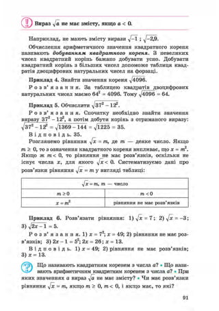 Вираз yfa не має змісту, якщо а < 0.
Наприклад, не мають змісту вирази ^/-1 5 д/—2,9.
Обчислення арифметичного значення квадратного кореня
називають добуванням квадратного кореня. З невеликих
чисел квадратний корінь бажано добувати усно. Добувати
квадратний корінь з більших чисел допоможе таблиця квад-
ратів двоцифрових натуральних чисел на форзаці.
Приклад 4. Знайти значення кореня ^4096.
Р о з в ' я з а н н я . За таблицею квадратів двоцифрових
натуральних чисел маємо 642 = 4096. Тому ^4096 = 64.
Приклад 5. Обчислити V372 -122 .
Р о з в ' я з а н н я . Спочатку необхідно знайти значення
виразу 372 - 122, а потім добути корінь з отриманого виразу:
V372 - 122 = V1369 - 144 = V1225 = 35.
В і д п о в і д ь . 35.
Розглянемо рівняння у[х = т, де т — деяке число. Якщо
т > 0, то з означення квадратного кореня випливає, що х = т2.
Якщо ж т< 0, то рівняння не має розв'язків, оскільки не
існує числа х, для якого у[х < 0. Систематизуємо дані про
розв'язки рівняння у[х = ту вигляді таблиці:
л[х = т, т — число
т> 0 тп <0
х =т2 рівняння не має розв'язків
Приклад 6. Розв'язати рівняння: 1) у[х = 7 ; 2) у[х =-3;
3) уІ2х - 1 = 5.
Р о з в' я з а н н я. 1) х = 72; х = 49; 2) рівняння не має роз-
в'язків; 3) 2х - 1 = 52; 2х = 26; х = 13.
В і д п о в і д ь . 1 ) х = 49; 2) рівняння не має розв'язків;
3)х = 13.
яких значеннях а вираз Ja не має змісту? • Чи має розв'язки
рівняння у[х = т, якщо т > 0, т < 0, і якщо має, то які?
 