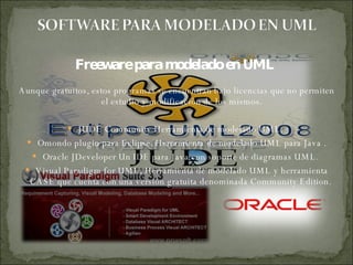 Freeware para modelado en UML  Aunque gratuitos, estos programas se encuentran bajo licencias que no permiten el estudio y modificación de los mismos. JUDE Community Herramienta de modelado UML.  Omondo plugin para Eclipse. Herramienta de modelado UML para Java . Oracle JDeveloper Un IDE para Java con soporte de diagramas UML.  Visual Paradigm for UML, Herramienta de modelado UML y herramienta CASE que cuenta con una versión gratuita denominada Community Edition.  