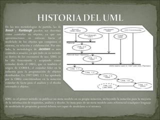 De las tres metodologías de partida, las de  Booch  y  Rumbaugh  pueden ser descritas como centradas en objetos, ya que sus aproximaciones se enfocan hacia el modelado de los objetos que componen el sistema, su relación y colaboración. Por otro lado, la metodología de  Jacobson  es más centrada a usuario, ya que todo en su método se deriva de los escenarios de uso. UML se ha ido fomentando y aceptando como estándar desde el OMG, que es también el origen de CORBA, el estándar líder en la industria para la programación de objetos distribuidos. En 1997 UML 1.1 fue aprobada por la OMG convirtiéndose en la notación estándar de facto para el análisis y el diseño orientado a objetos.  UML es el primer método en publicar un meta-modelo en su propia notación, incluyendo la notación para la mayoría de la información de requisitos, análisis y diseño. Se trata pues de un meta-modelo auto-referencial (cualquier lenguaje de modelado de propósito general debería ser capaz de modelarse a sí mismo).  