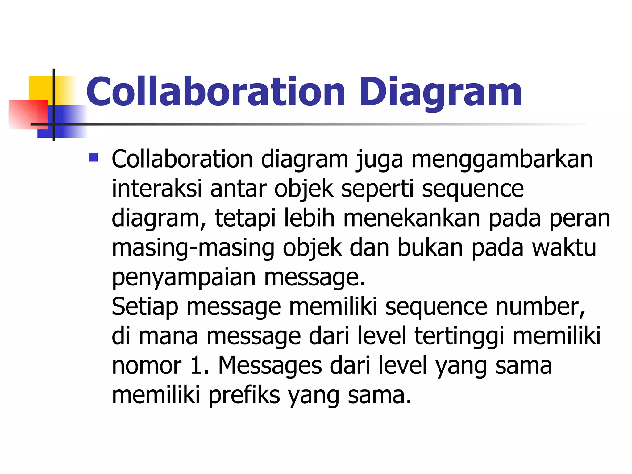 Collaboration Diagram   Collaboration diagram juga menggambarkan interaksi antar objek seperti sequence diagram, tetapi lebih menekankan pada peran masing-masing objek dan bukan pada waktu penyampaian message.  Setiap message memiliki sequence number, di mana message dari level tertinggi memiliki nomor 1. Messages dari level yang sama memiliki prefiks yang sama.  