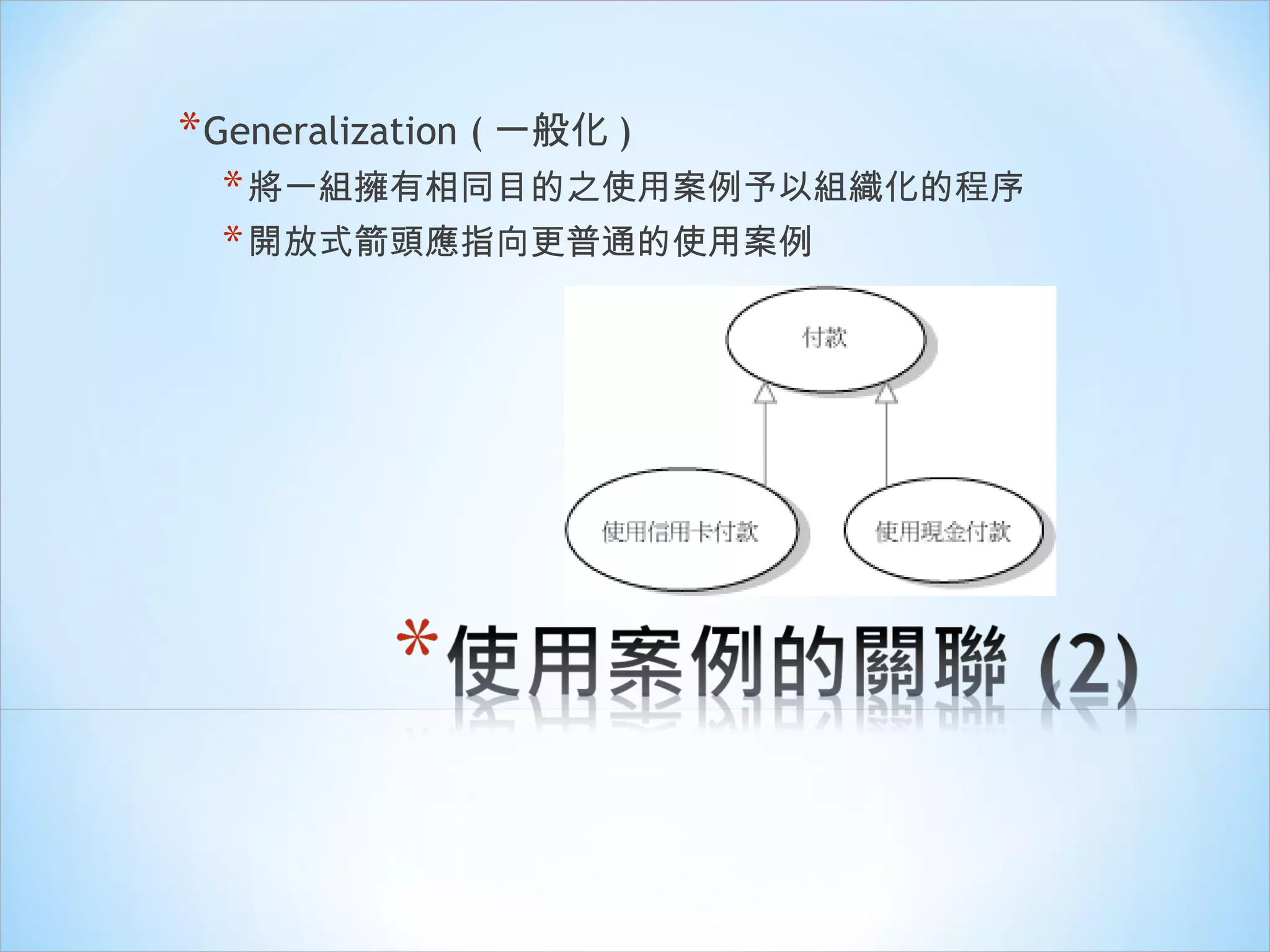 Generalization ( 一般化 ) 將一組擁有相同目的之使用案例予以組織化的程序 開放式箭頭應指向更普通的使用案例 